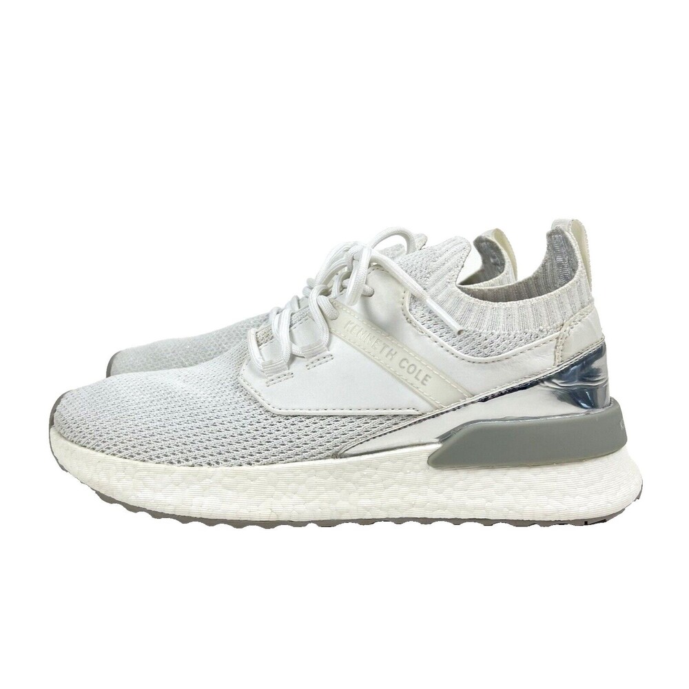 Kenneth Cole Lessia Knit Sock Sneakers Silver Mirrored Panel at Heel White Sz 8